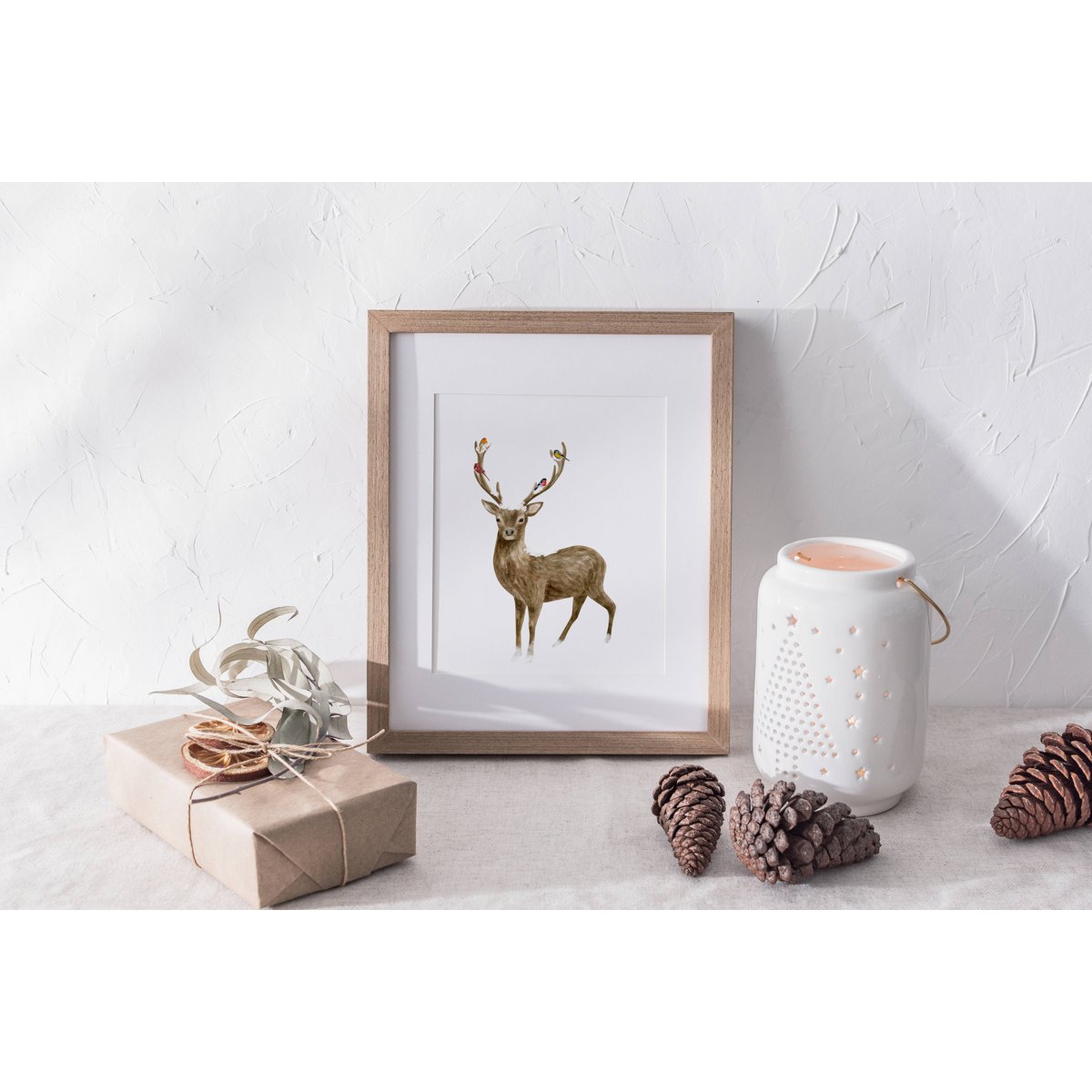 Deer and birds poster, botanical Christmas poster, deer poster, Christmas print, reindeer Christmas decor, Christmas poster
