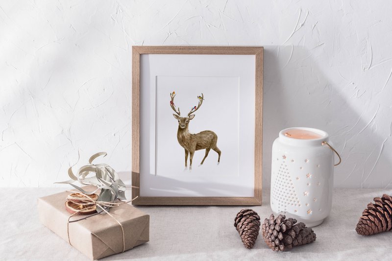 Deer and birds poster, botanical Christmas poster, deer poster, Christmas print, reindeer Christmas decor, Christmas poster