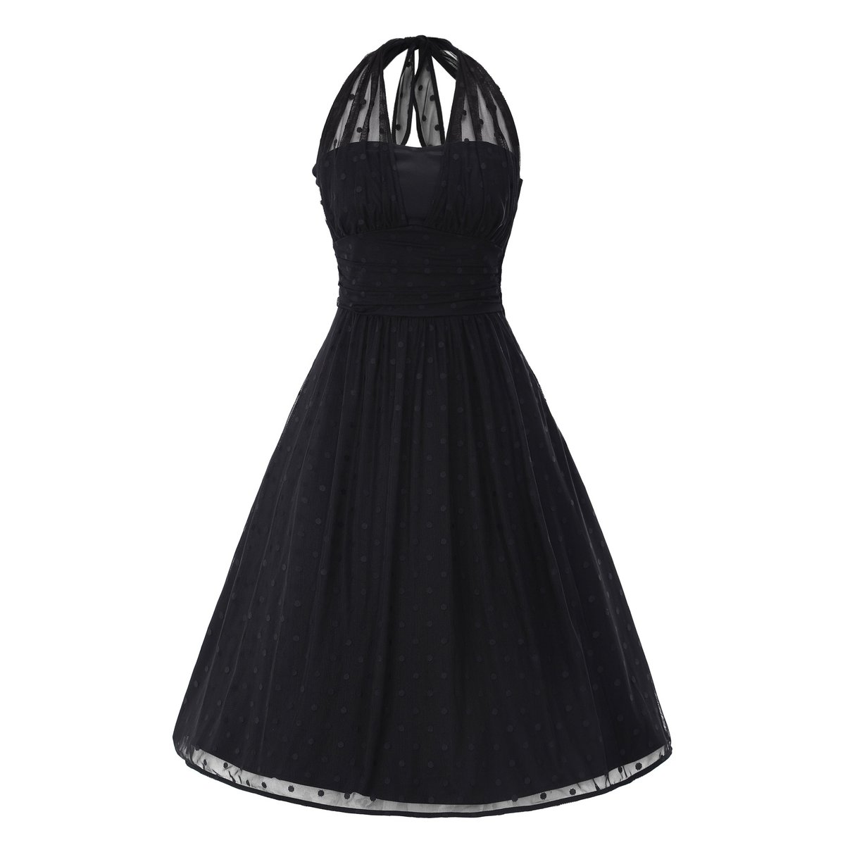 EU STOCK Dorothea Black Polka Dot Mesh Halter Dress