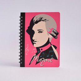 A5 size black spiral-bound notebook with a pink and black pop art style cover featuring a portrait of a man with the text "Mozart" above it.