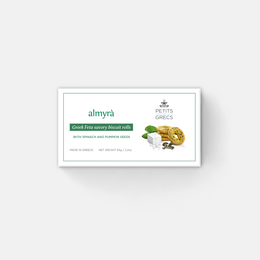 Savory biscuit rolls with spinach and Greek feta cheese, packaged in a green hexagonal box.