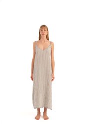  Sleeveless linen dress with strappy design, in a neutral beige color.