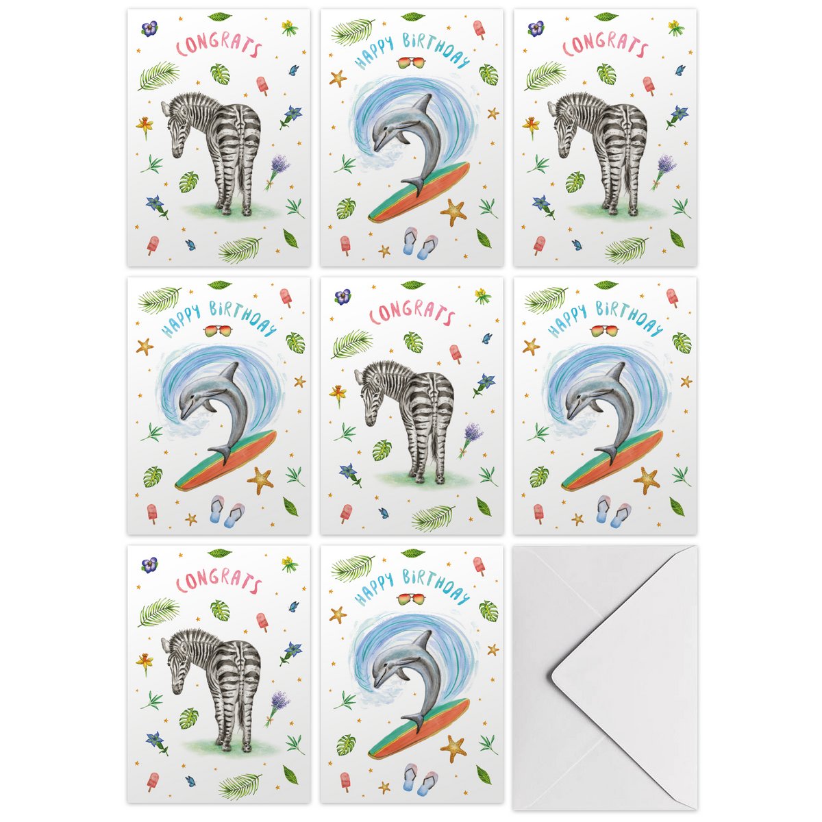 10 wenskaarten congrats + happy birthday met envelop - handgeschilderd - ansichtkaart - zebra - dolfijn - verjaardag - A6 formaat - aquarel