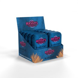 Massiv's toothpicks, blue packaging, wooden picks, display box, German brand, intense flavor collaboration.