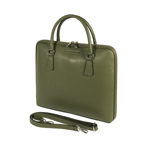 RB1019E | Unisex zakenaktentas van echt leer, gemaakt in Italië, met afneembare schouderband. Opzetstukken met glanzende nikkelen metalen karabijnhaken - Groene kleur - Afmetingen: 37 x 29 x 6,5 cm