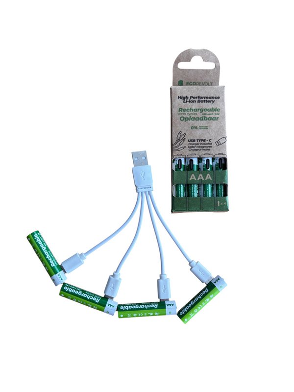 Ecorevolt-pack di 4 AAA ricaricabile ricaricabile AAA USB-C 650 MAH 1,5 V + 4 teste Cavo