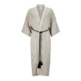 Linen kimono robe in a neutral striped pattern, with a belted waist and loose, flowing sleeves.
