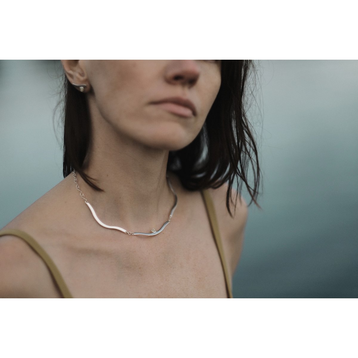 Sterling silver choker Wave with white Baltic amber