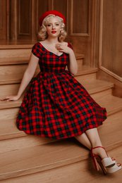 EU Stock Lily Off Shoulder Swing Dress in Red Tartan