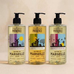 Liquid hand soap bottles with black pump dispensers, Provence-inspired fragrances, colorful labels featuring Marseille design, yellow soap formula.