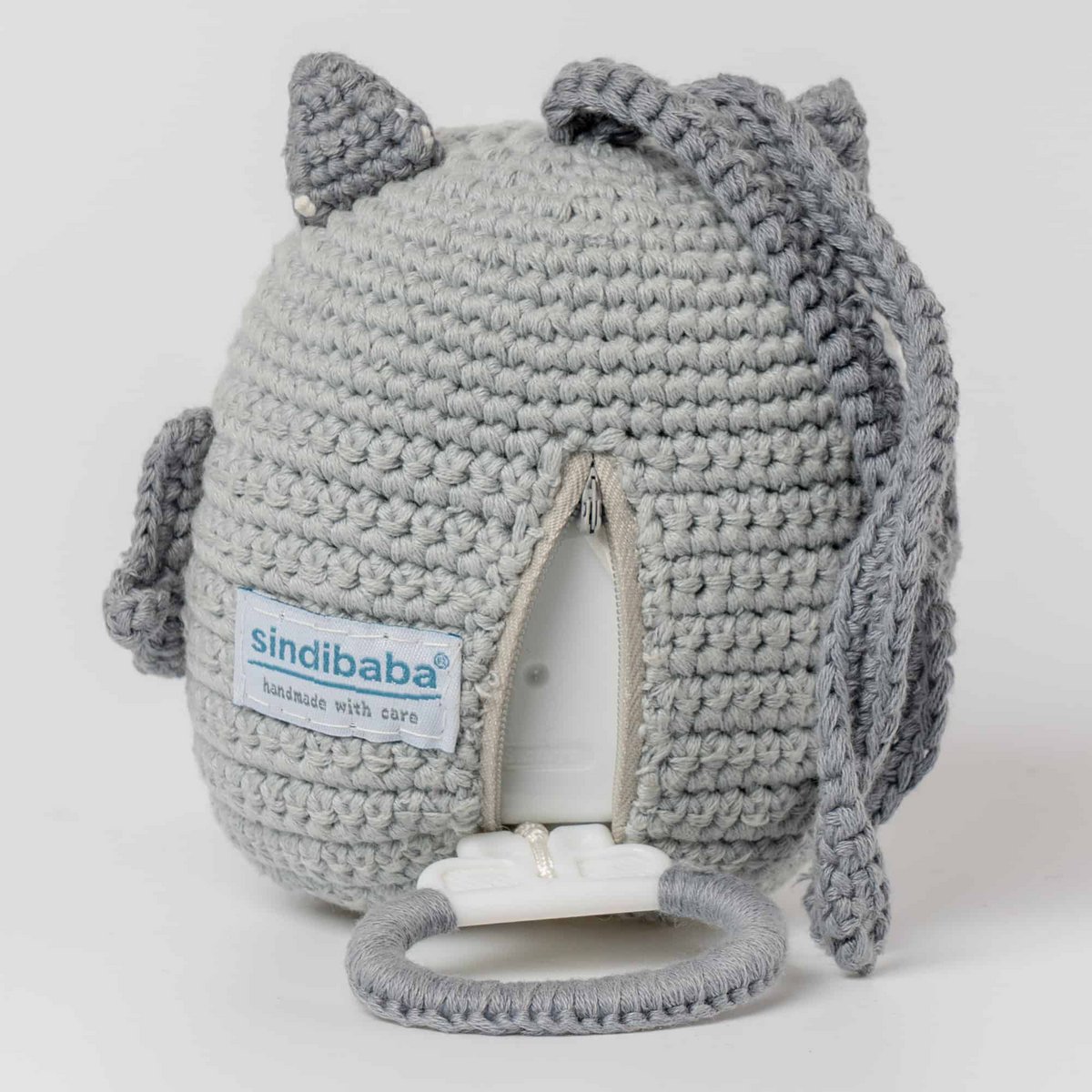 Crocheted music box owl LUNA in grey