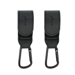 Two black and taupe colored buggy/bag hooks, each with a metal clip for attaching to a stroller or bag.
