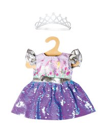 Reversible sequin dress with fairy and unicorn design, silver crown, and size range of 35-45 cm. Vibrant colors and patterns make this doll clothing item suitable for imaginative play.