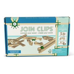  A set of wooden building clips in various shapes and sizes, designed to create customizable marble runs and other structures. The clips are made of natural wood and come in an assortment of geometric forms.