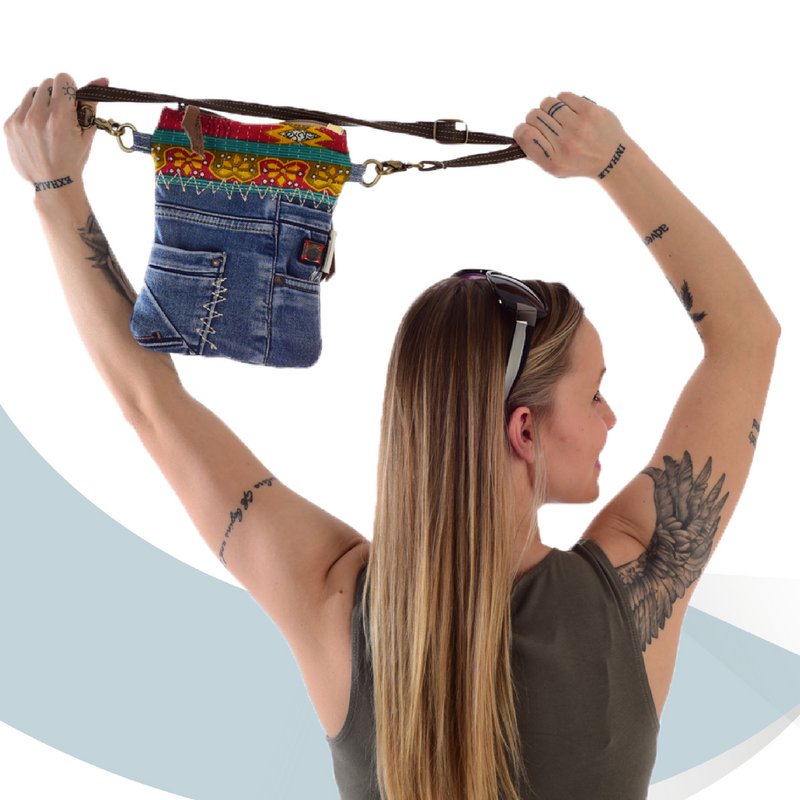 Sunsa lille bæredygtig skuldertaske til kvinder. Skuldertaske lavet af genbrugte jeans & canvas (canvas). Håndtaske vintage retro stil. Crossbody taske til kvinder.