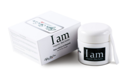 Organic Shea Butter cream in a white container with the text "I am" printed on it.