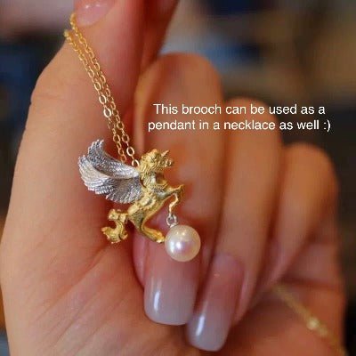 Versátil broche de unicornio ángel con perla de Akoya