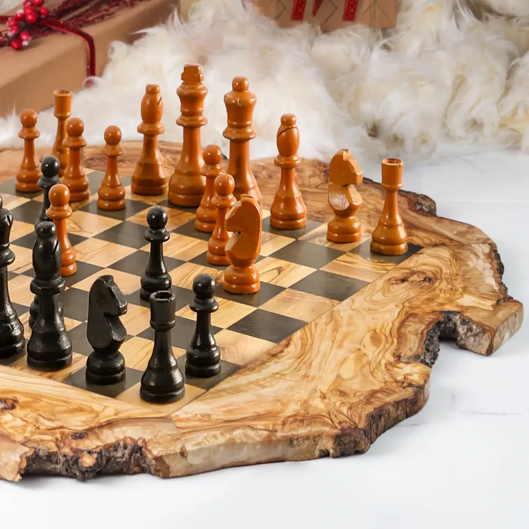 Olive Wood Chess Set with Irregular Rustic Board – Handcrafted Rustic Elegance