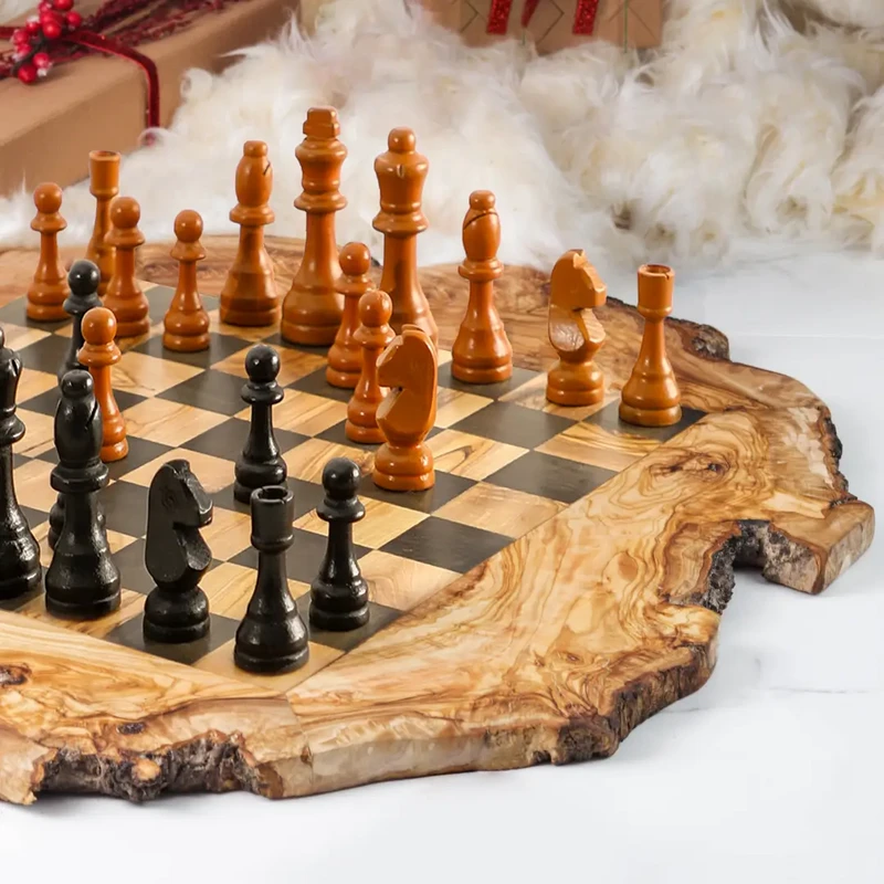 Olive Wood Chess Set with Irregular Rustic Board – Handcrafted Rustic Elegance