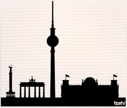 Sponge cloth with skyline of Berlin, cleaning agent for household use.