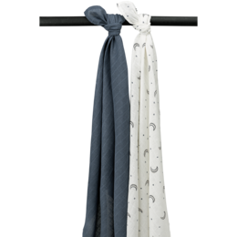 Soft, absorbent baby bath towels in a moon and star pattern. Available in indigo color in various pack sizes.