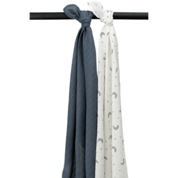 Soft, absorbent baby bath towels in a moon and star pattern. Available in indigo color in various pack sizes.