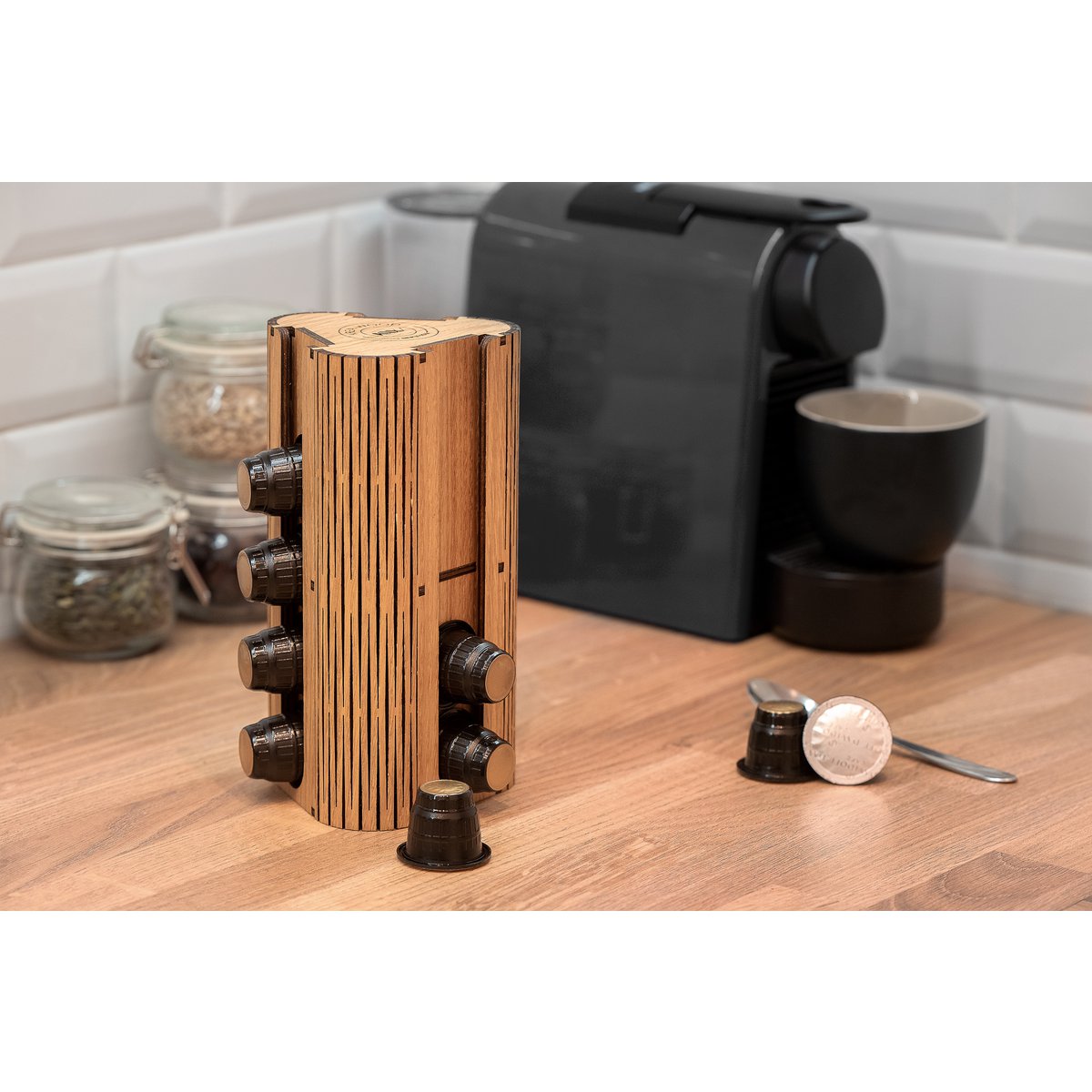 Portacápsulas de café artesanal Krea-Wood para cápsulas compatibles con Nespresso, en color natural