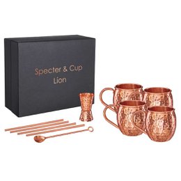 Líon kobberkrussæt - 4x Moscow Mule krus (500 ml) + 6-delt tilbehørssæt