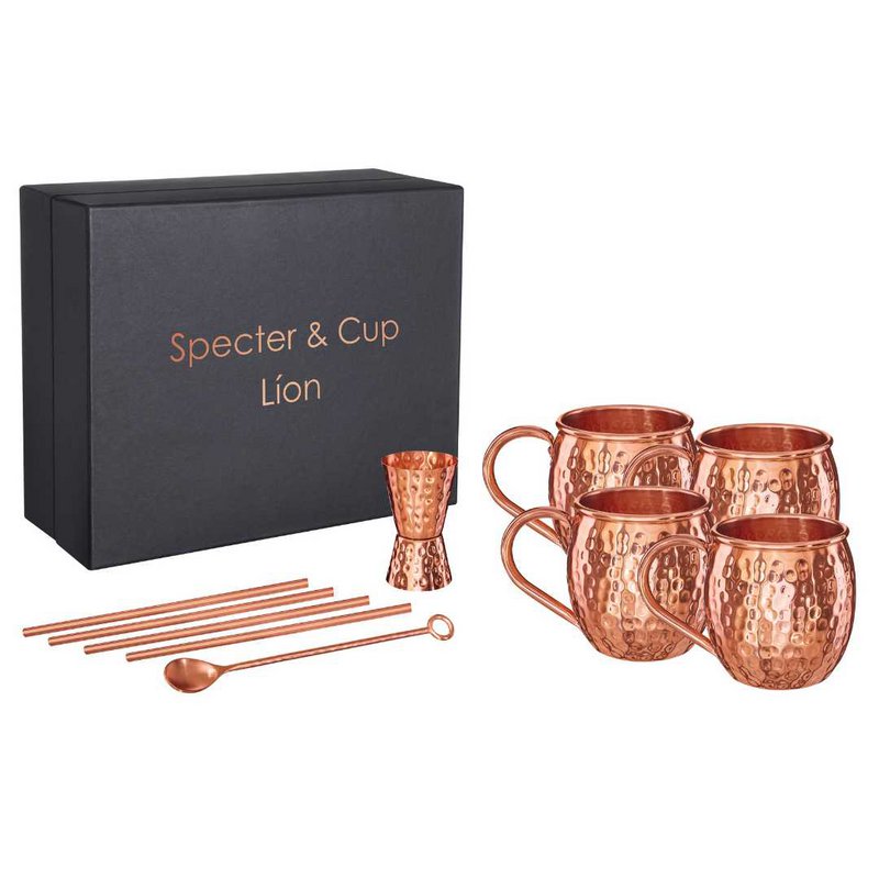 Líon kobberkrussæt - 4x Moscow Mule krus (500 ml) + 6-delt tilbehørssæt