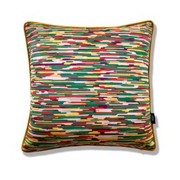 Vibrant, multicolored cushion with a moire pattern, measuring 50x50 cm, suitable for use as a decorative accent piece.