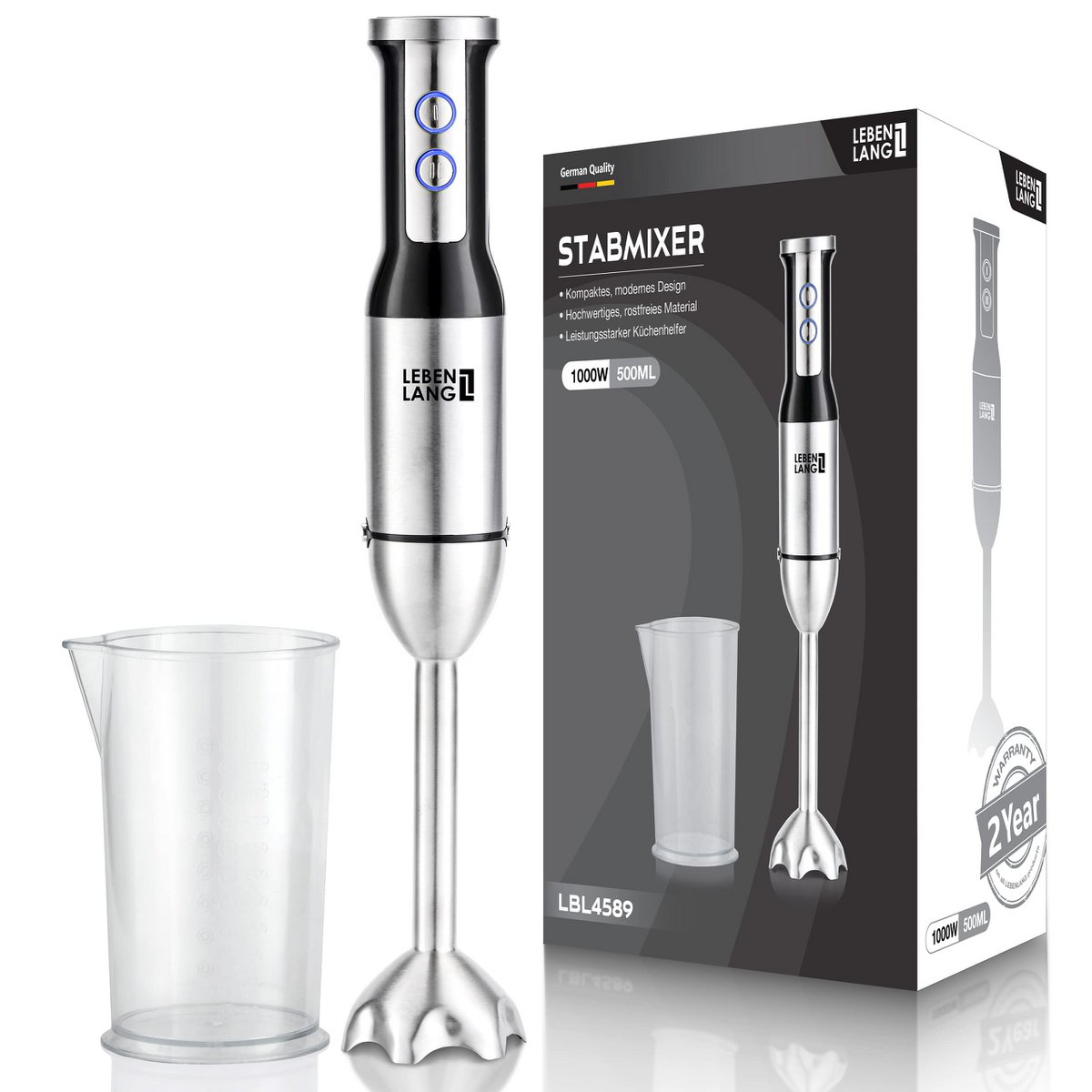 LIFETIME 1000W staafmixer roestvrij staal - met spatbescherming en 8 niveaus plus turbo | Hoogwaardige roestvrijstalen blender en blender | Keukenstokje | Staafmixer roerstaafje - mixer 1000 watt