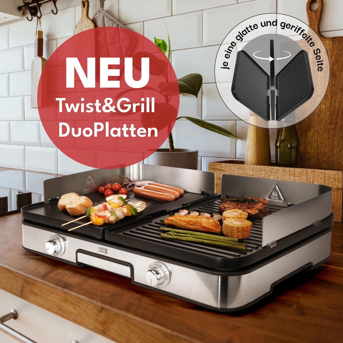 LEBENLANG Elektrogrill Tischgrill elektrisch - Inkl. Grillzange & Spritzschutz I 2400W Für Drinnen & Draußen I Gril Elektro Grill für Balkon Tisch I Elektrischer Plattengrill Indoor Grills Indoorgrill