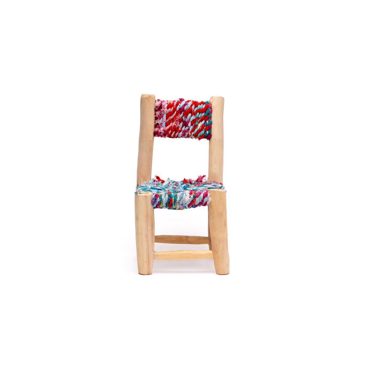 Silla Infantil, Sillita de Madera Natural tejido Boucherouite y Tela Multicolor, Silla Artesanal. Asiento infantil