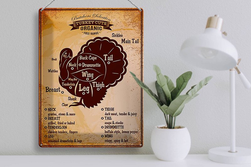 Tin sign butcher shop 30x40cm Turkey Turkey cuts Organic