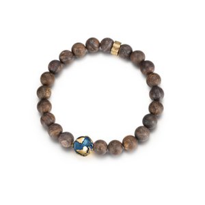 Bronzite Stone Beaded Bracelet Gold Blue Plating Globe Map