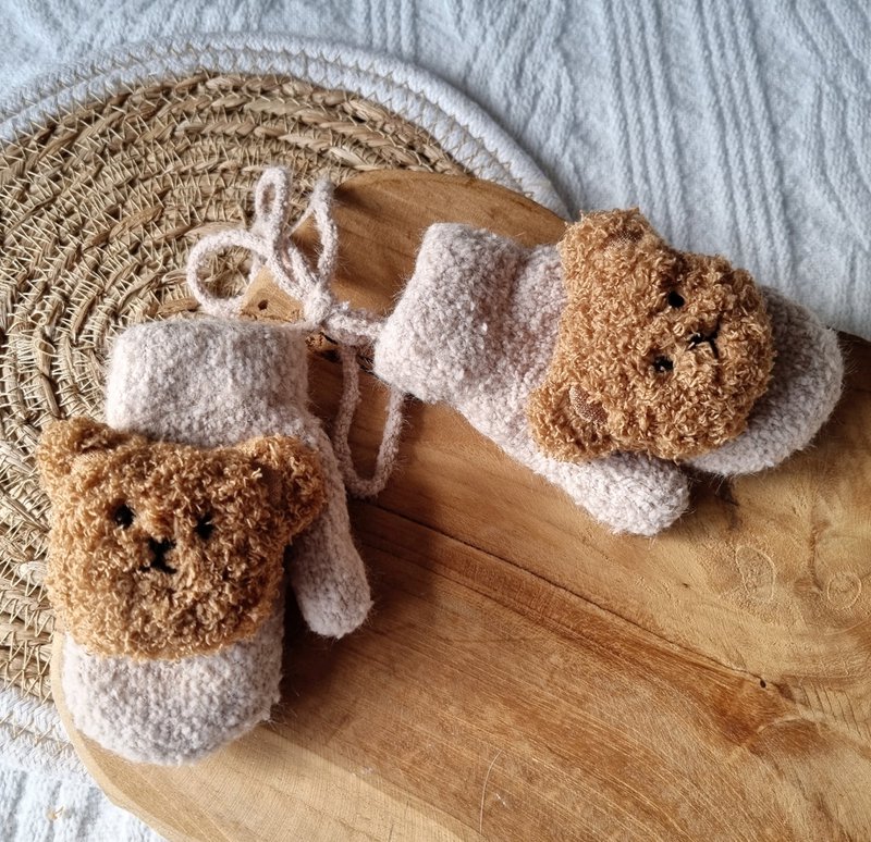 Baby Gloves / Mittens With Teddy Bear - Sand