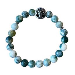 A beaded bracelet featuring a Tree of Life bead made of stainless steel and natural Tree Agate stones in various colors.