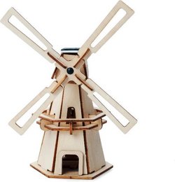 A wooden model of a windmill powered by solar energy, featuring a rotating mechanism and a solar panel. The windmill has a classic design with a tall tower and four blades.