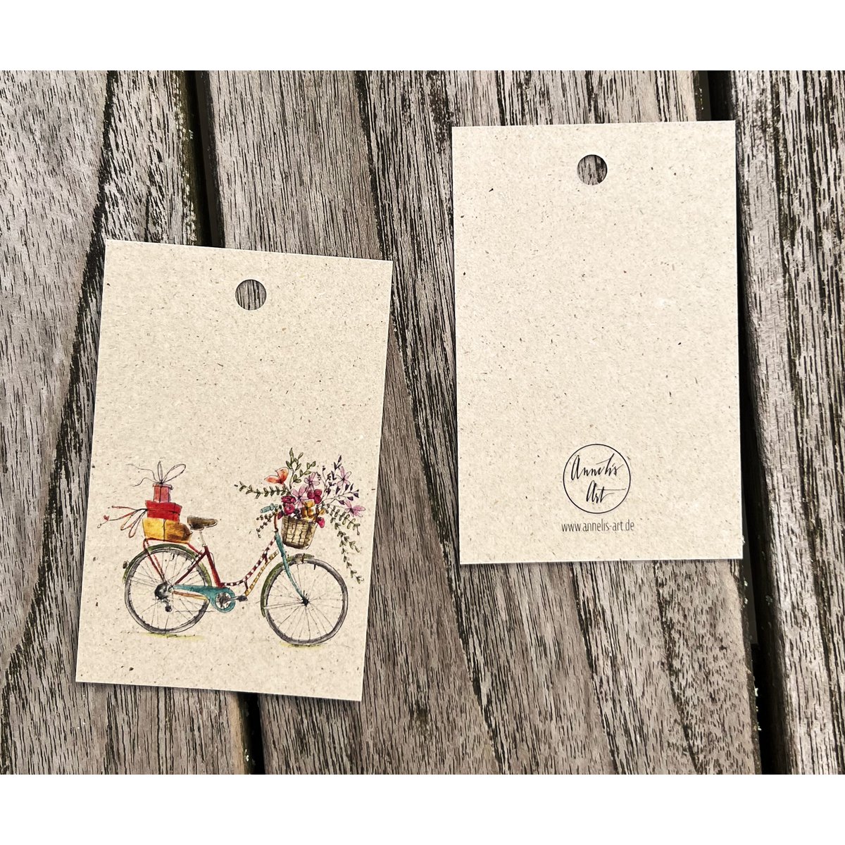 5 x gift tags | Colorful flower bike | 5 Set on grass paper | 85 x 55 mm