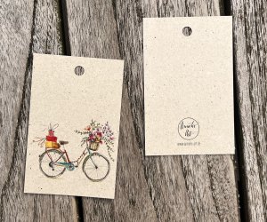 5 x cadeau -tags | Kleurrijke bloemenfiets | 5 Set op graspapier | 85 x 55 mm