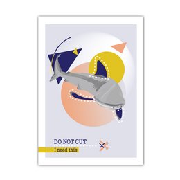 A vibrant, abstract poster featuring a shark-like shape in shades of gray, blue, and yellow against a geometric background. The text "DO NOT CUT" is prominently displayed, suggesting a playful or cautionary message.