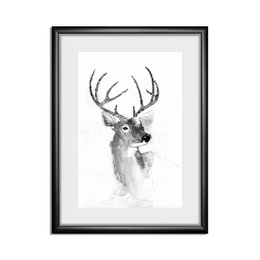 A framed black and white watercolor painting of a deer with large antlers. The painting has a minimalist, artistic style and would make a great addition to a rustic or nature-inspired home decor.