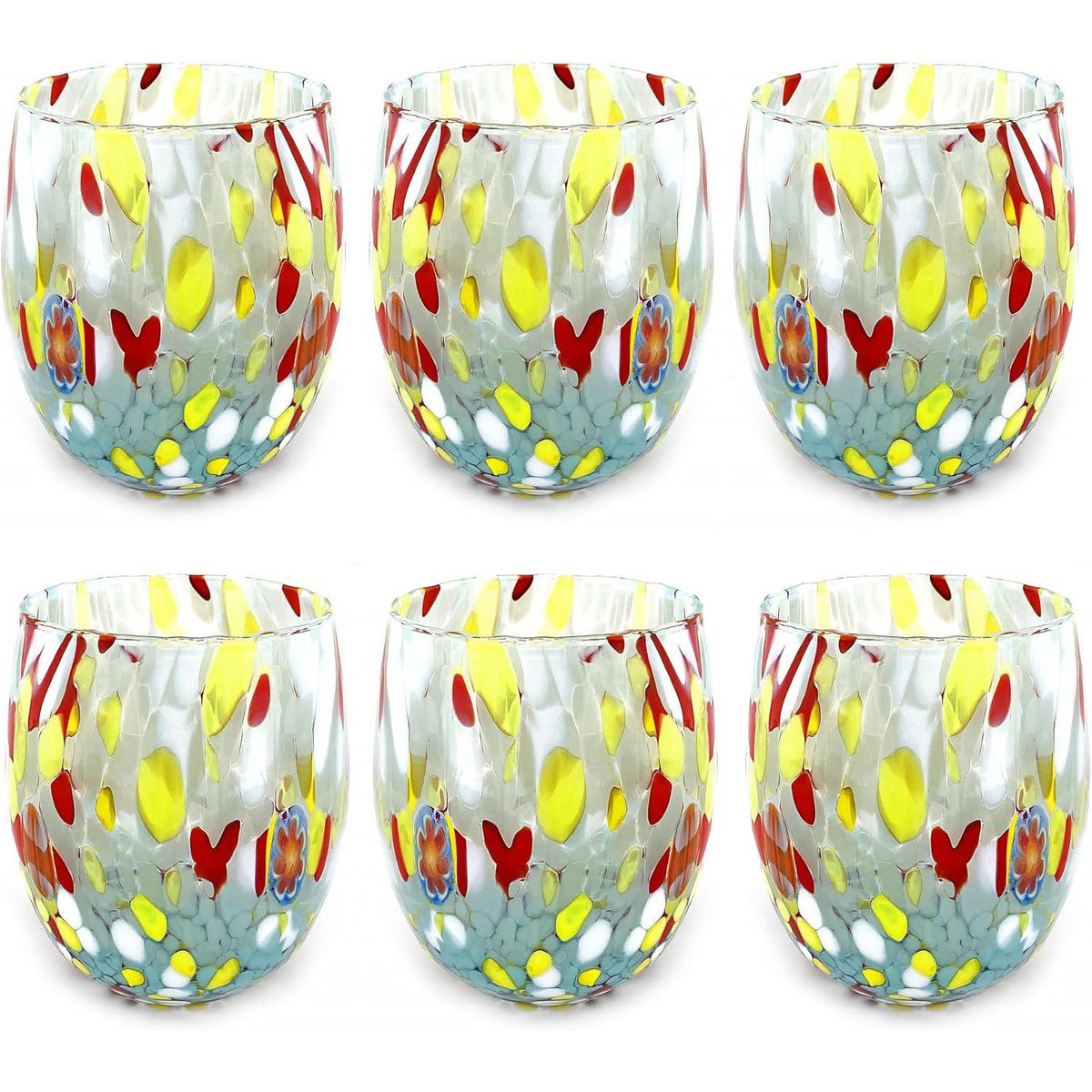6 Big Colombina vand Big Colombine Bold og håndhåndet med Murrine di Murano, "I Colori di Murano" 435 Ml Line. Lavet i Italien
