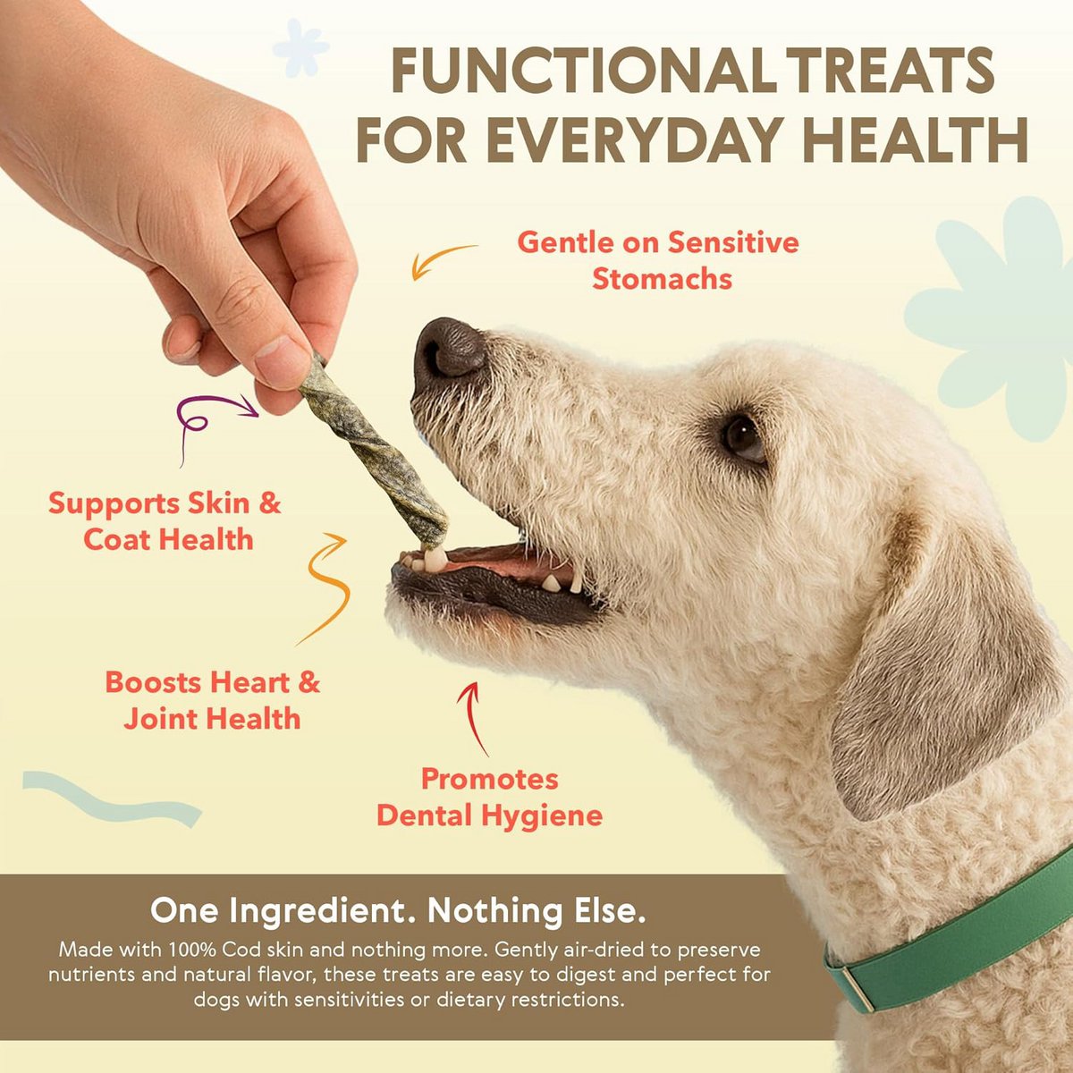 Friandises naturelles pour chiens à ingrédient unique, torsades de peau de morue séchée, 80 g