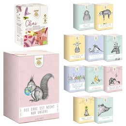 Organic Chai Wellness Tea with Ligarti motif of your choice. Variety of product variants including The encounter, Squirrel magpie, Squirrel World, sloth, Fox & Hedgehog, Good view, happy Birthday, Reinhold, Bird parade, wollfried, Yogi bear. Colorful and whimsical packaging design featuring various animal illustrations.