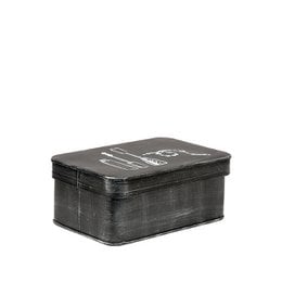 Black antique metal makeup storage box, rectangular shape, cosmetics organizer container with makeup icons design