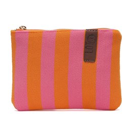 Soft, plush makeup pouch in a creamy white color with a circular logo detail.