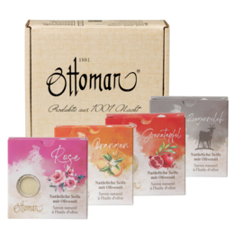  Set of 4 natural olive oil soap bars in a gift box, featuring floral scents of rose, jasmine, and geranium.