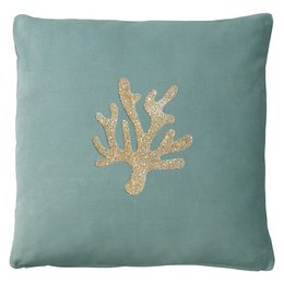 Turquoise cushion with gold glitter coral design, decorative pillow cover.