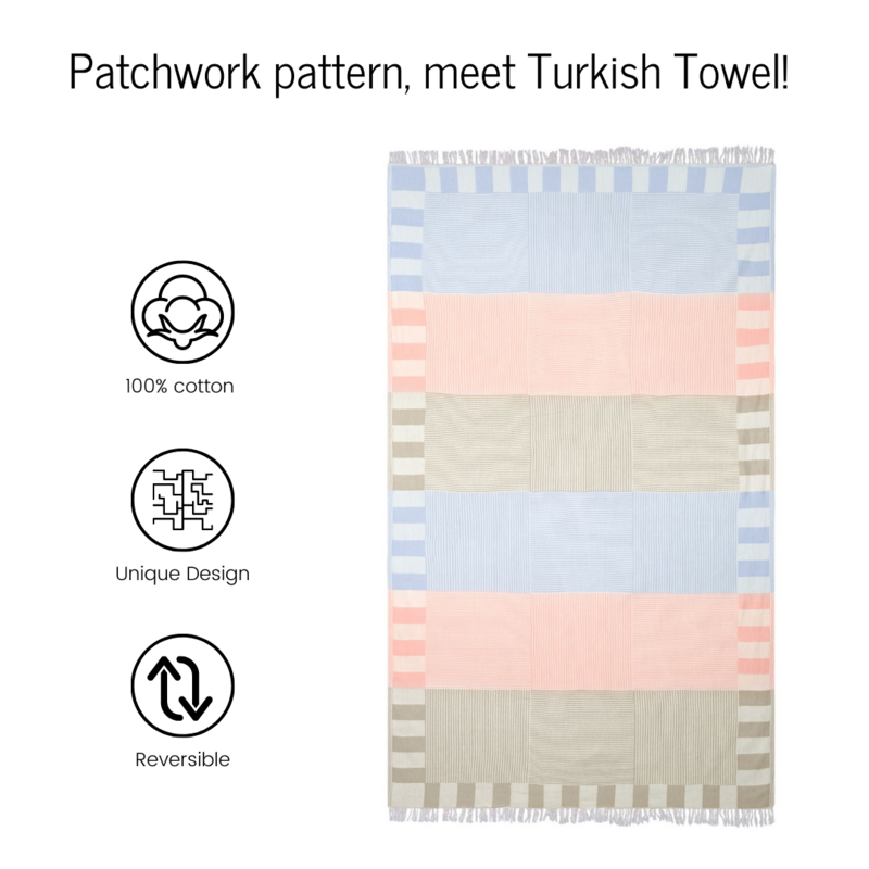 Tyrkisk håndklæde | Patchwork | Blågrøn & Pink & Mælkekaffe